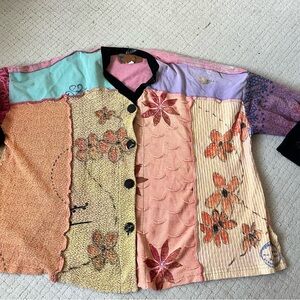 Vintage patchwork top light sweater boho folk art floral oversized